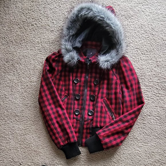 Kid's Black & Red Check Lined Bomber Jacket with Removable Faux Fur Lined Hood - Picture 1 of 1